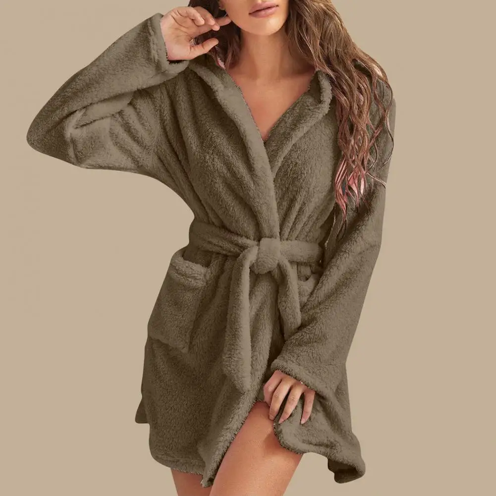 Women Coral Velvet Nightgown Thick Plush Adjustable Lace Up Belt Hooded Robe Solid Color Water Absorption Homewear For Winter