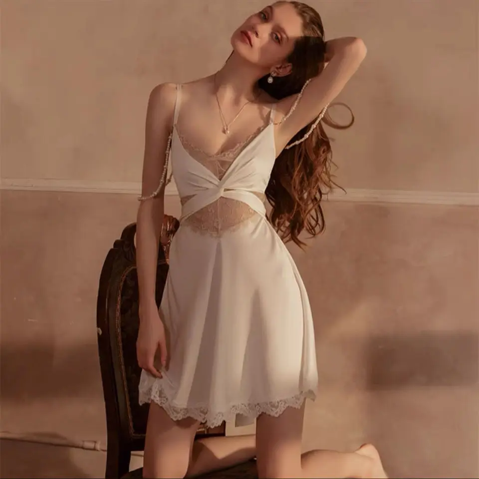 French Sexy Pearl Lace Satin Pajamas for Women Summer Ice Silk Luxury Sleepwear Breathable Butterfly Back Nightgown