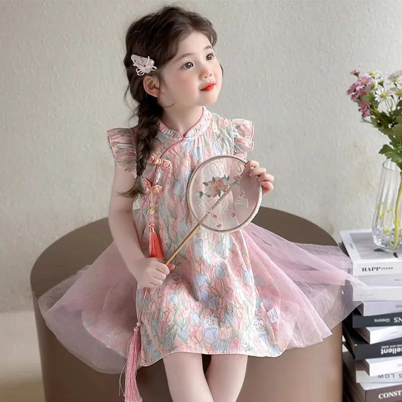 

Детское платье-тюльпан и кролик в китайском стиле, лето 2025, новое дышащее розовое платье принцессы Ципао для девочек, одежда для девочек, платья с цветочным узором для девочек