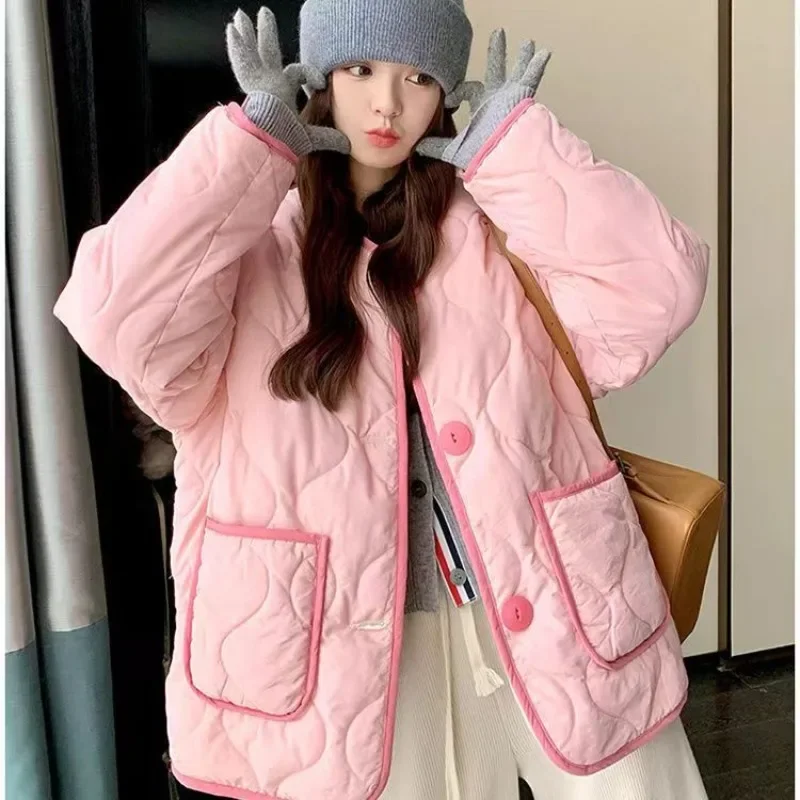 Korean Style Fashion Sweet Cute Pink Cotton Jacket Coats Women Winter Loose Casual Single Breasted Top Quilted Outerwear Coat