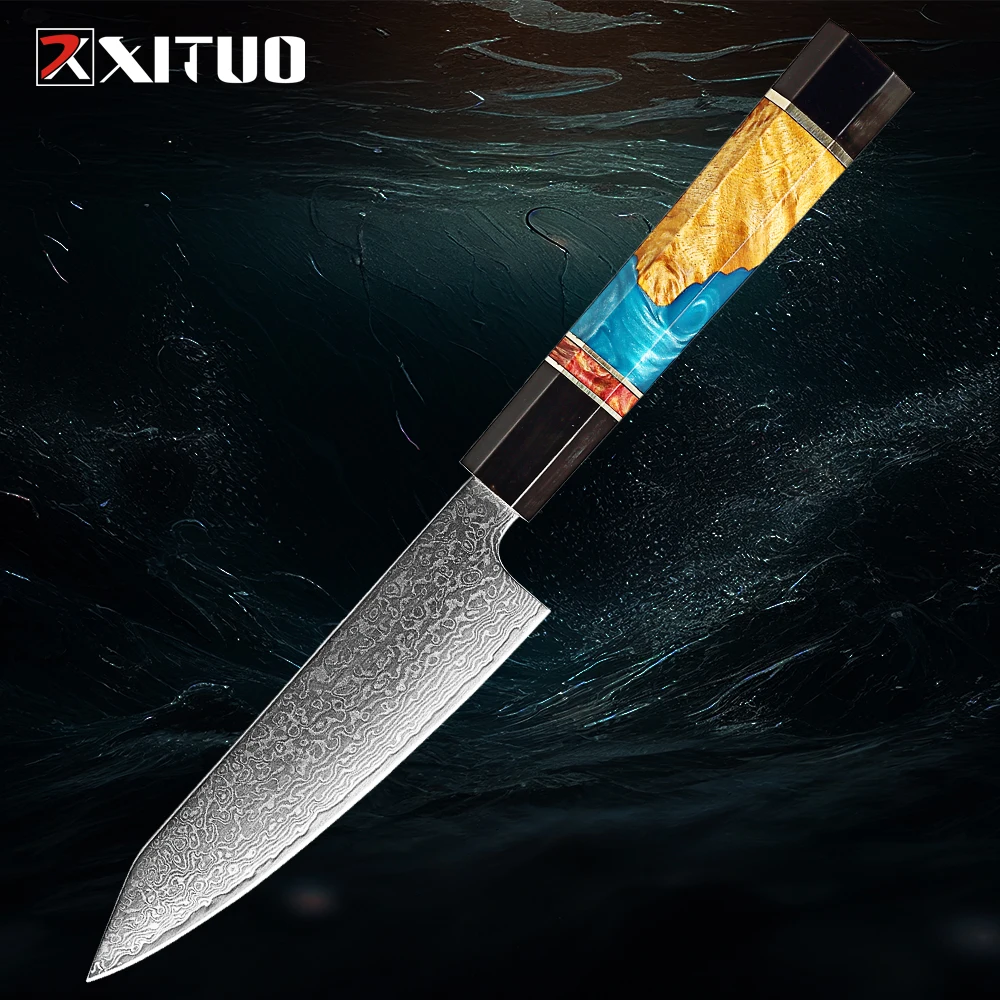 XITUO-cuchillo de pelado de frutas de acero de Damasco, rebanador de carne y pescado, cuchillo japonés afilado, mango octogonal