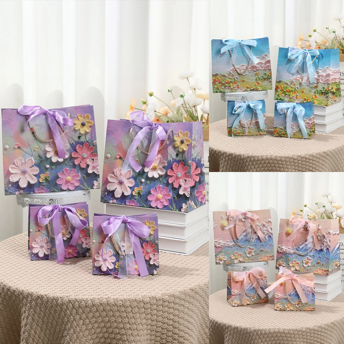 Flower Gift Pakcaging Bag 3D Cloud Oil Painting Paper Bag Valentine's Day Birthday Wedding Party Favor Bag Clothes Store Handbag