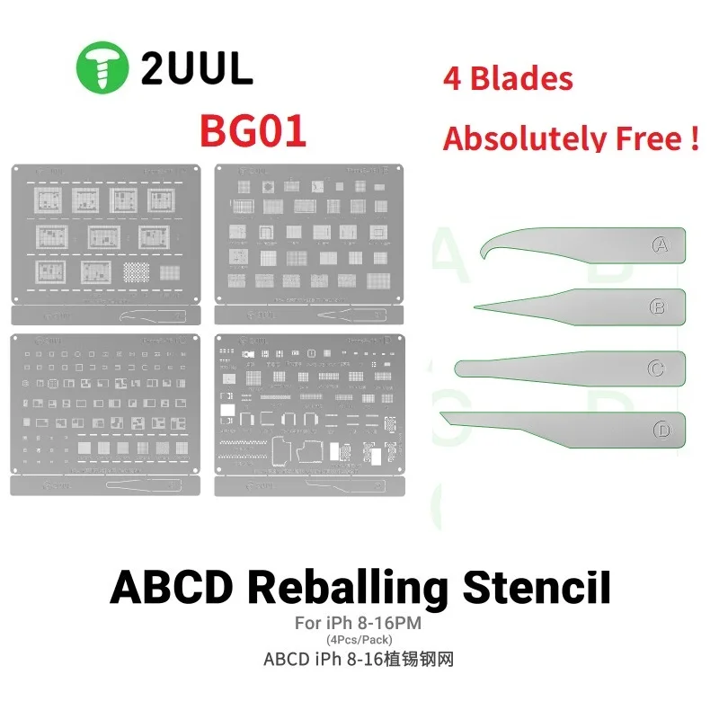

2UUL BG01 ABCD 4 шт. набор трафаретов для реболлинга, лезвие для удаления клея, инструмент для ремонта чипов жесткого диска IC для iPhone 8-16 pro, все модели