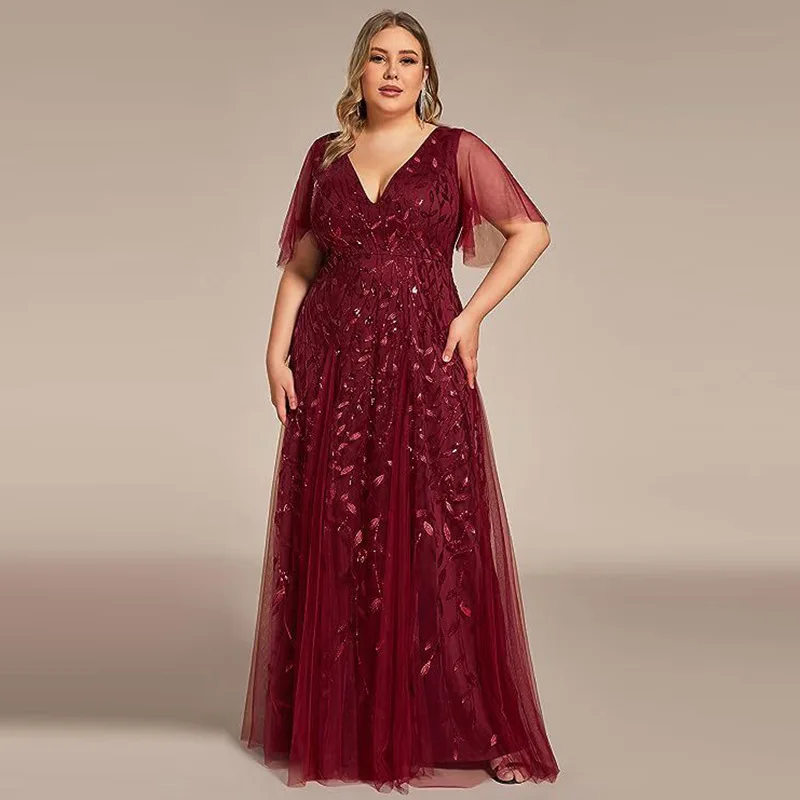 European And American Plus Size Bridesmaid Evening For Toasting Sequin Mesh Fishtail Slim-Fit Banquet Performance Host Dress