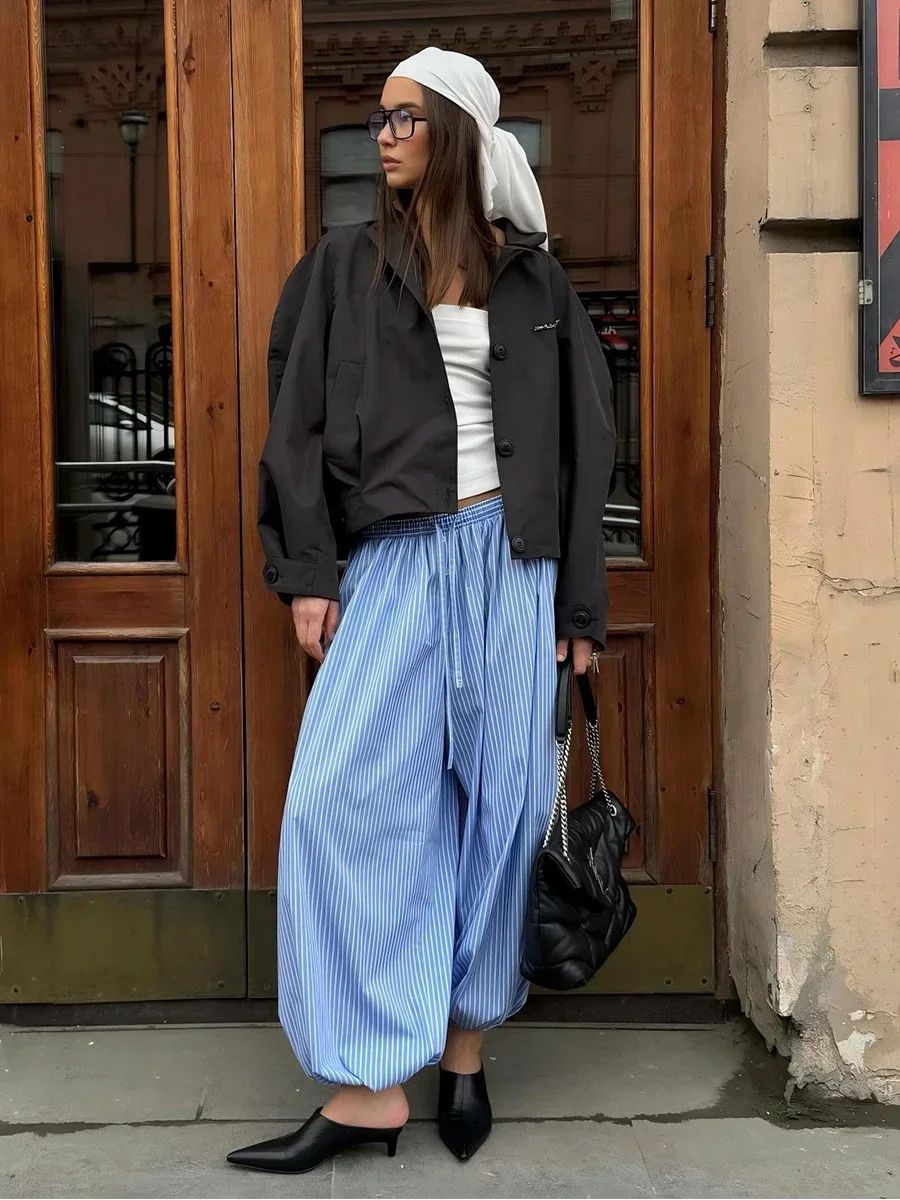 New Women's Cotton Thin Striped Baggy Lantern Pants  Fashion Elastic Waist Casual Streetwear Trousers