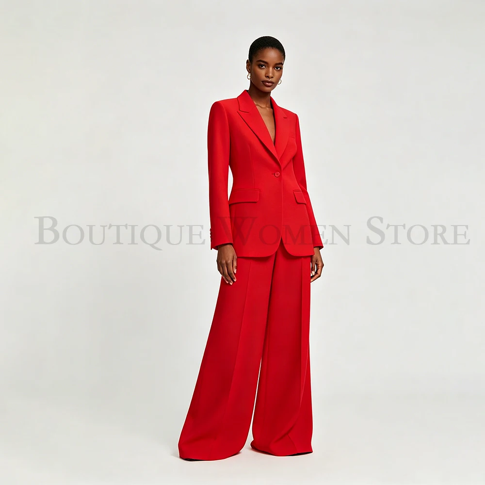 

Elegant Red Women's Suits Slim Fit One-Button Wide Leg Blazer Formal 2 Piece Jacket Pants Sets Formal Office Clothing