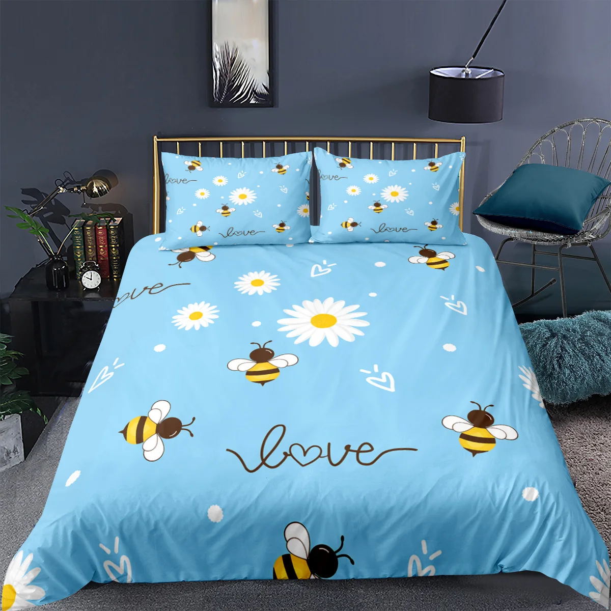 Cartoon Bee Duvet Cover King Queen Lovely Yellow Flying Animal Bedding Set for Kids Boys Girls Beautiful Flowers Comforter Cover