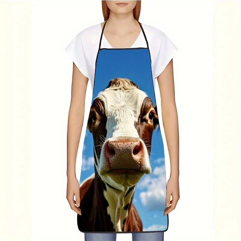 1pc Cute Cow Face Apron - Brown & White Spots - Easy-Clean Kitchen Apron for Cooking, Baking, Restaurants, Home