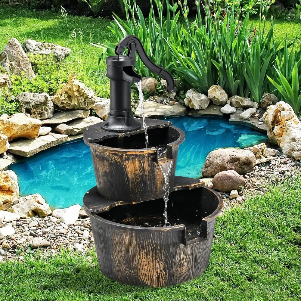 Garden Outdoor Landscape Decoration Fountain Double Layer Plastic Imitation Barrel Solar Fountain