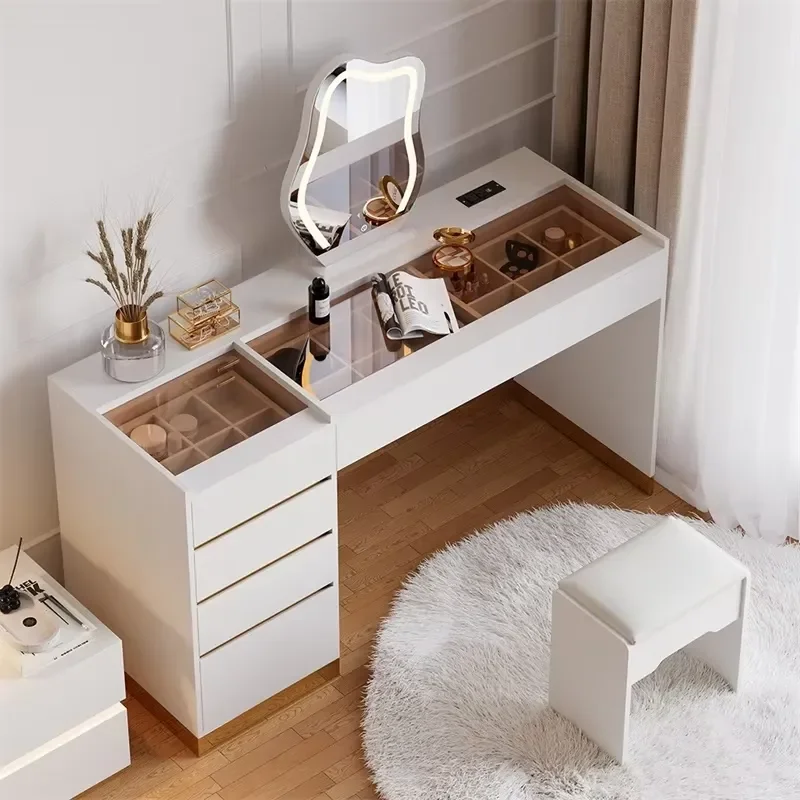 Modern LED Mirror Makeup Vanity Set Tempered Glass Top Bespoke Color Size Dressing Table Ample Drawer Storage Eco-Friendly