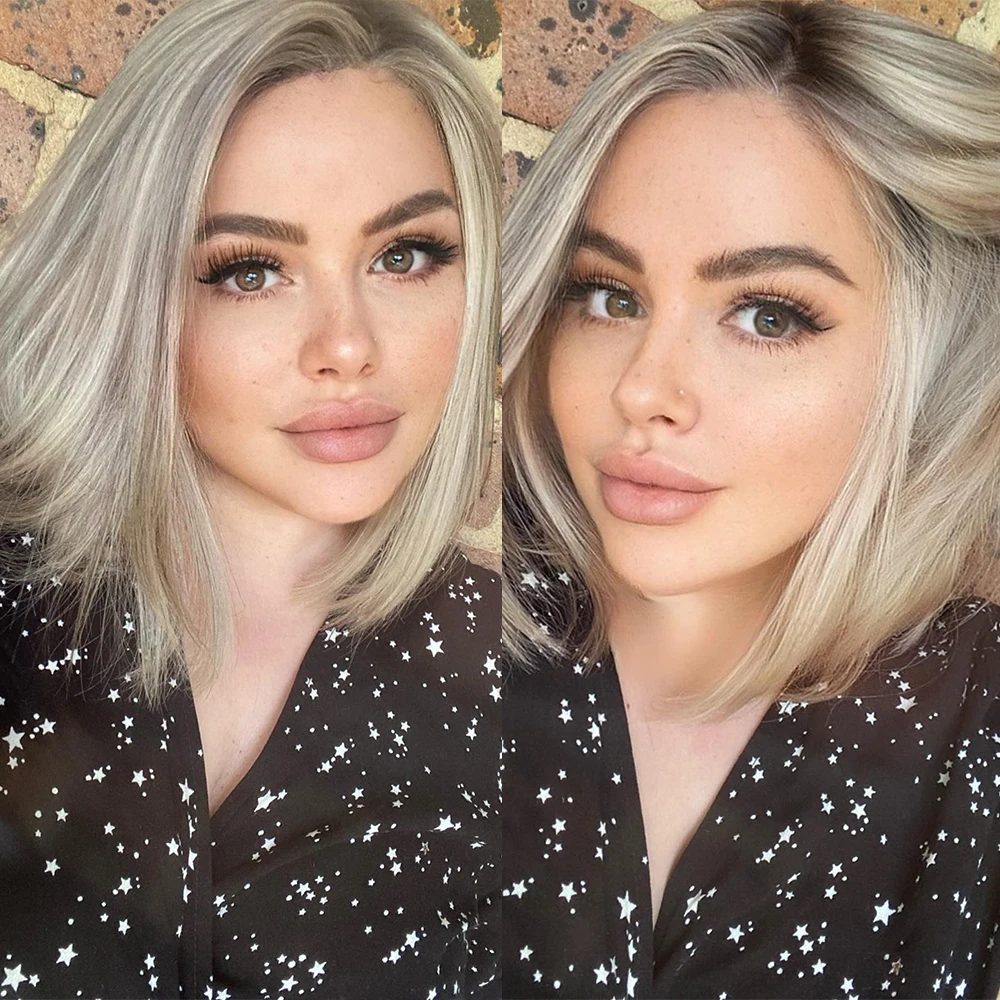 

Silky Straight Super Cute Bob Wig Ash Blonde Highlights Premuim Remy Virgin Human Hair Lace Frontal Wig 13x6 HD 150% Soft Hair