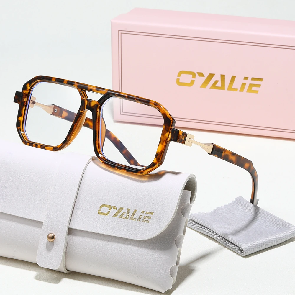 Oyalie Fashion Women's Anti-Blue Glass Style Square Double Bridge Frame, Tortoiseshell Multi-Color Frame, Suitable for Computers and Mobile Phones to Read