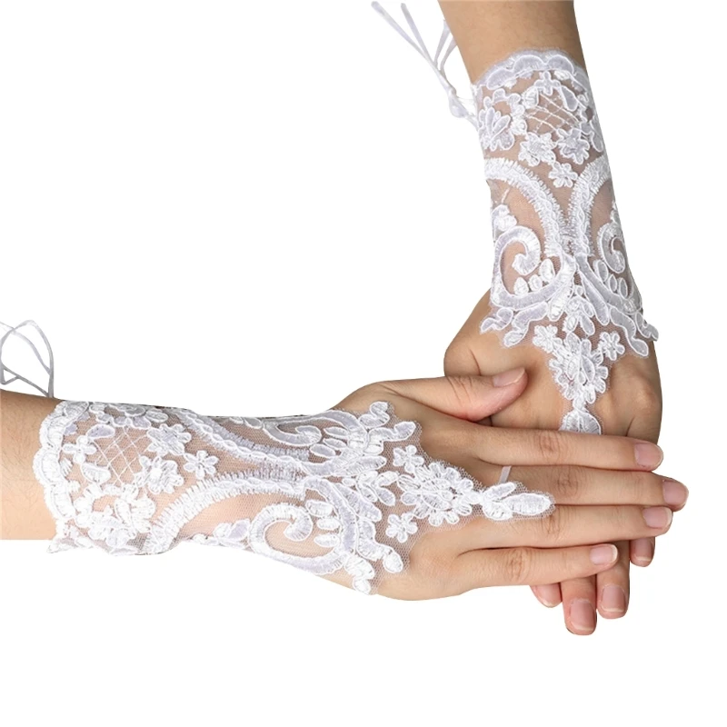 Handmade Gothic Style Vintage Lace Bracelet Gloves with Adjustable Rope Wedding Wristband Accessories for Woman Dress Up