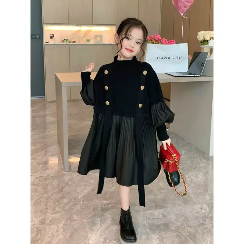 

Girls' Dresses Big Children's Small Fragrance Style Dresses 2025 Spring and Autumn Knitted Dresses Children's Pleated Dresses