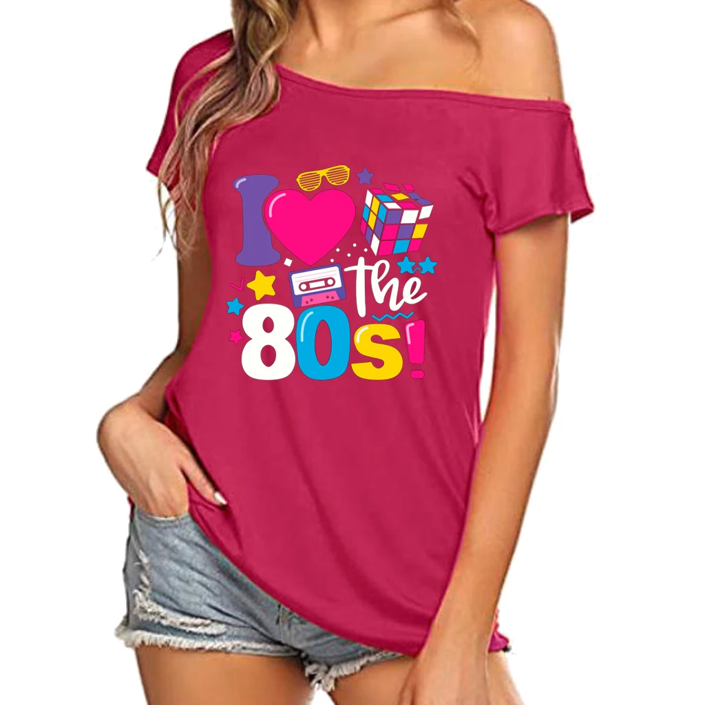 XUANSHOW 2024 Sommer I Love the 80s Emotional Element T-Shirt Sexy Off Shoulder Tops Kurzarm Buchstaben bedrucktes T-Shirt – Detail 11