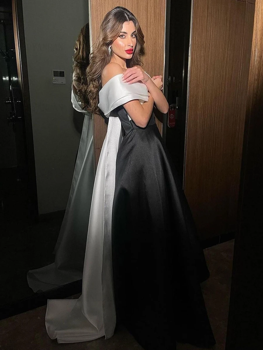 Black Satin Formal Occasion Dresses 2023 Off-Shoulder A-line Long Ball Gowns High Quality Evening Party Gowns فساتين الحفلات