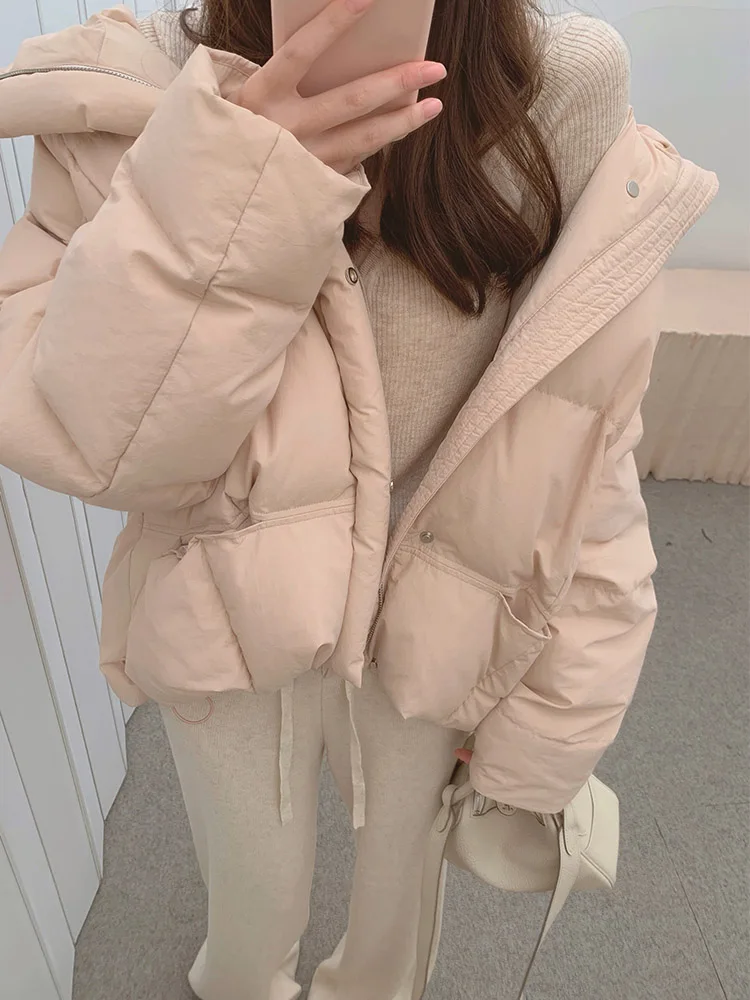 

Розовая женская зимняя куртка с капюшоном, утепленная пухом, в корейском стиле, прямого кроя, с длинными рукавами, на молнии