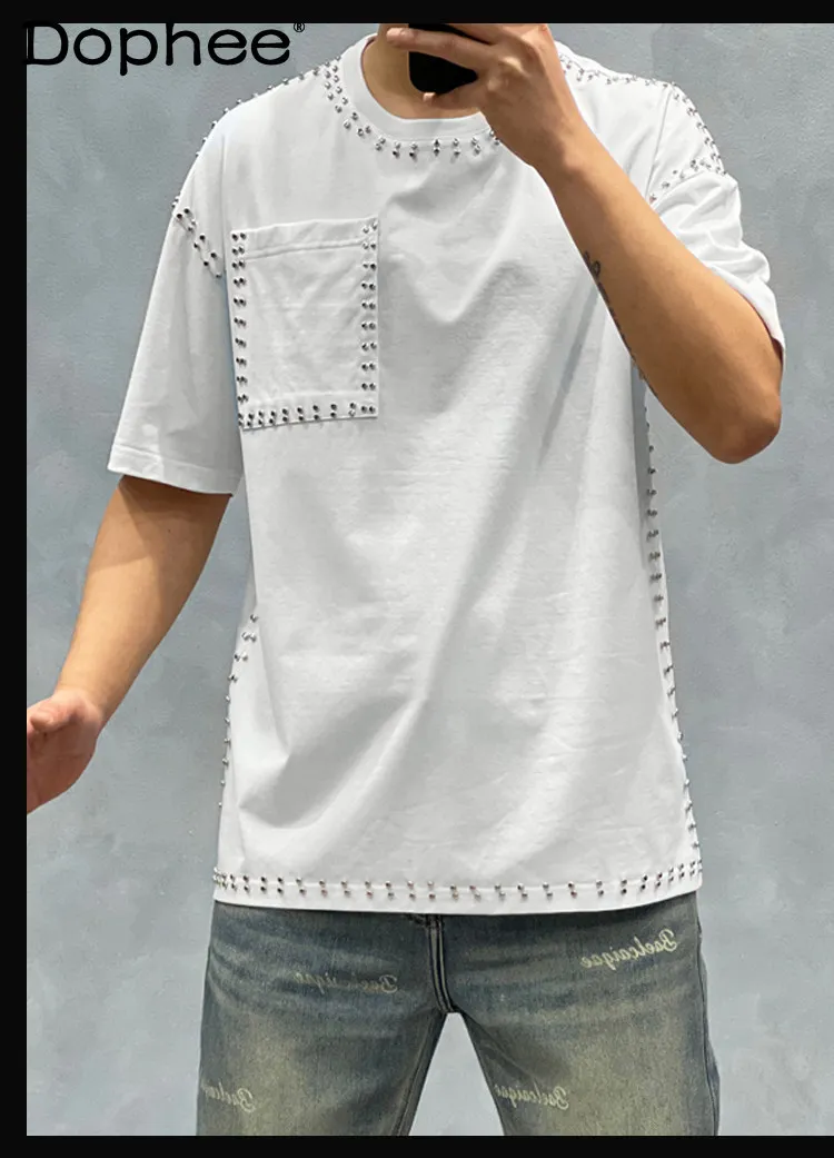 

American Trend T-shirt Men's Short-sleeved Summer Fashion Heavy Industry Rivet Round Neck Youth Casual Handsome Versatile Top