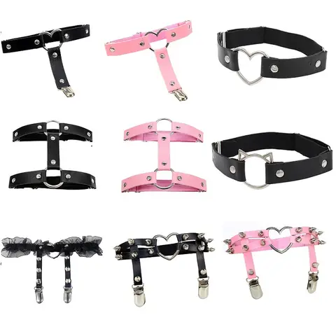 Women Elastic Pu Leather Leg Ring Garter Leglet Lingerie Belt Punk Heart Rivet Spike Thigh Goth Harajuku Harness Stocking Garter
