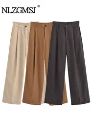 TRAF 2024 autunno abbigliamento da ufficio donna pantaloni a gamba larga cerniera tasche a vita alta pantaloni lunghi pantaloni femminili Y2K