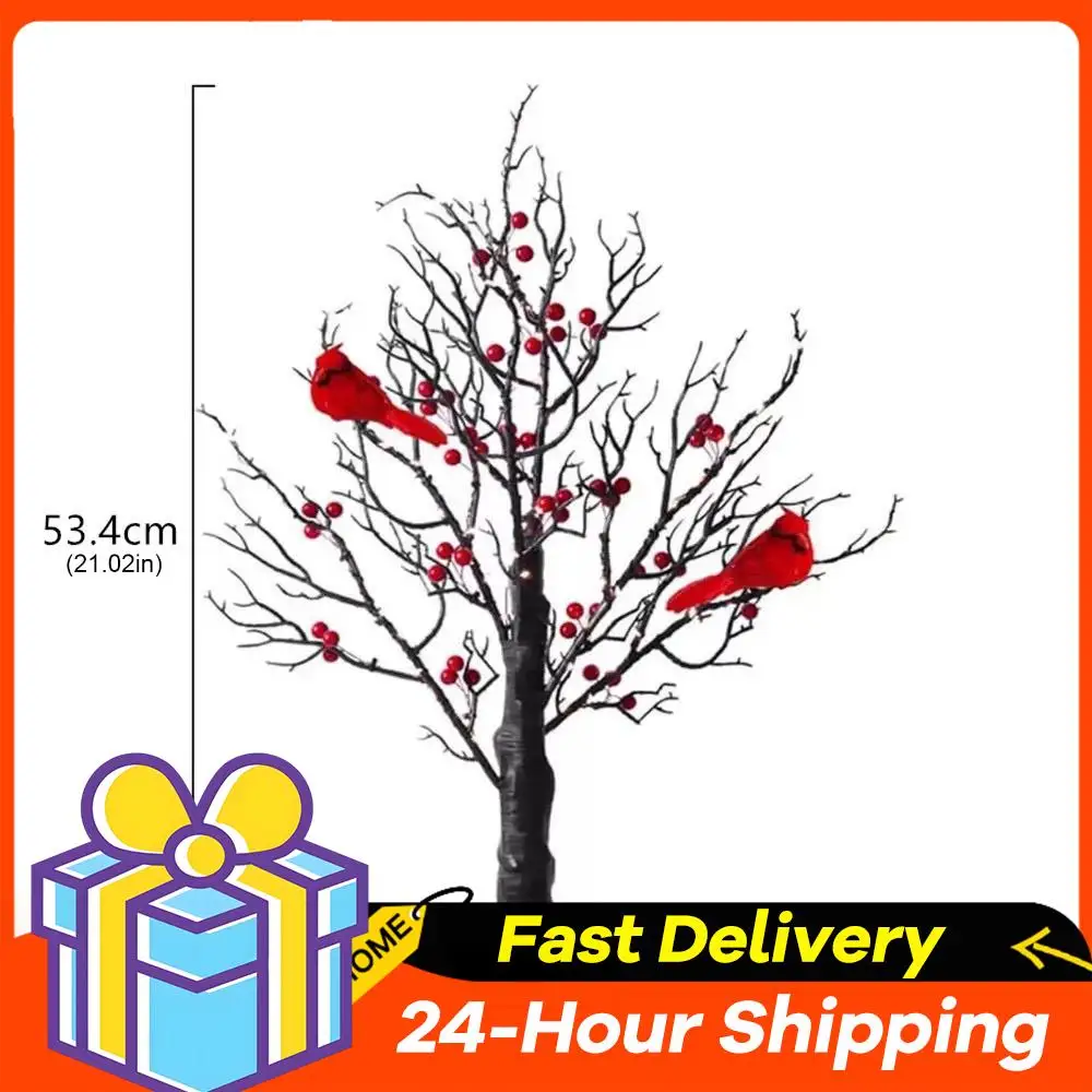 2/1 قطعة شجرة متوهجة مع الكرادلة مع التوت الأحمر والطيور بطارية تعمل مصباح شجرة الطاولة لعيد الميلاد المنزل حفل زفاف