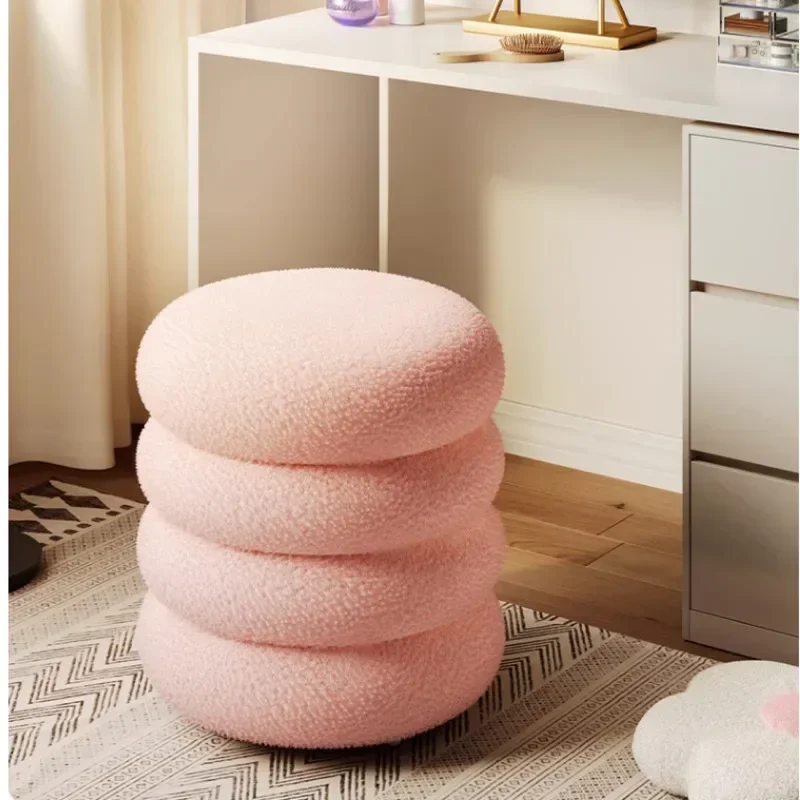 Creamy Household Stool Girls\' Makeup Seat Bedroom Vanity Chair Soft Lamb Wool Pouf Minimalist Manicure Round Ottoman