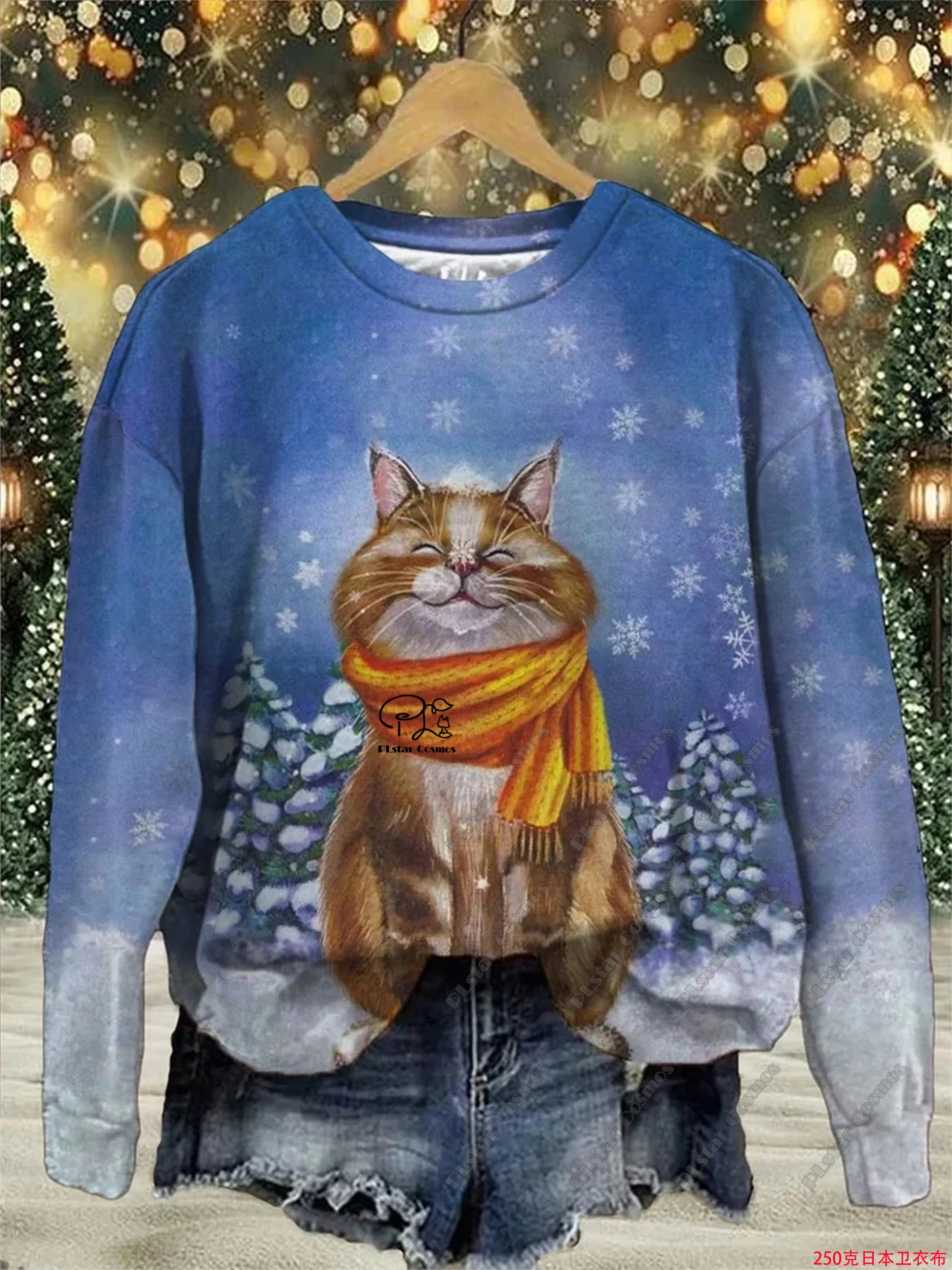 PLstar Cosmos 3D printed animal series cute cat pattern printed women's round neck long-sleeved casual top new model M-8