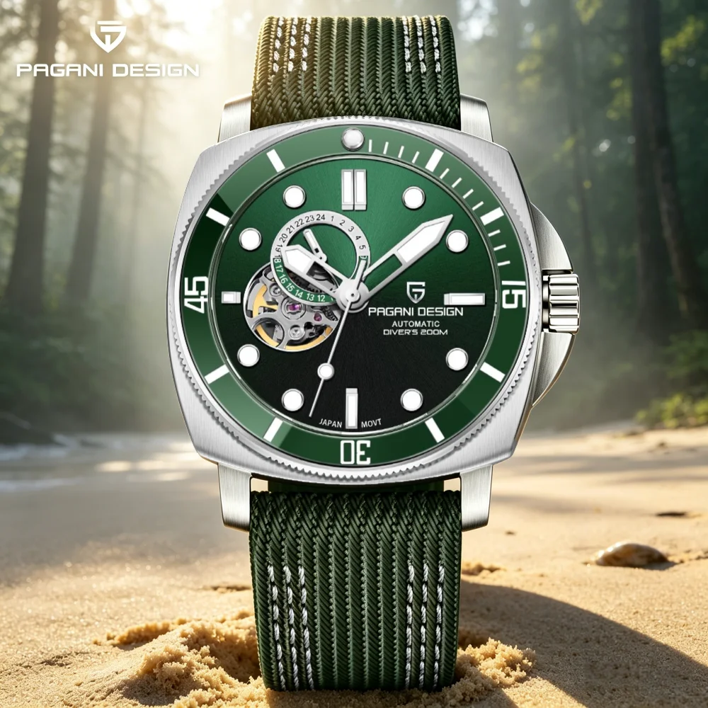 PAGANI DESIGN Men's Mechanical Diver Watch 200M Waterproof Sapphire Crystal NH39 Automatic Movement Luminous NATO Strap