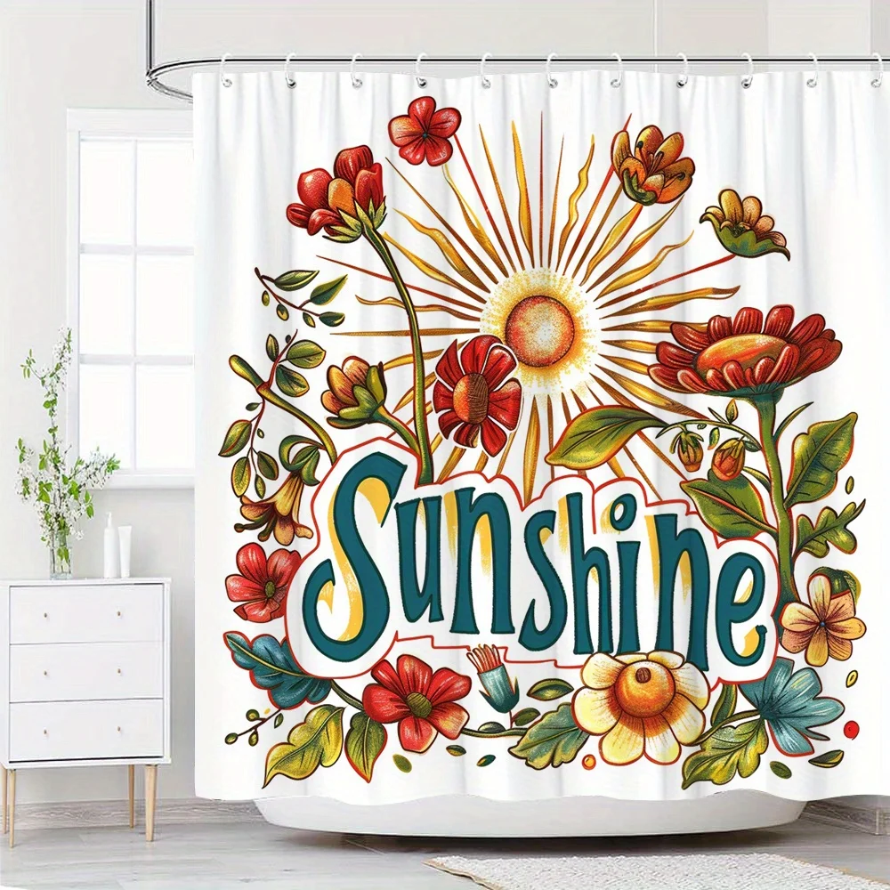 

1 шт., занавеска для душа с ярким цветочным принтом «Саншайн» — химерный цифровой художественный дизайн, яркое солнце и красочные цветы, полиэфирная ткань с