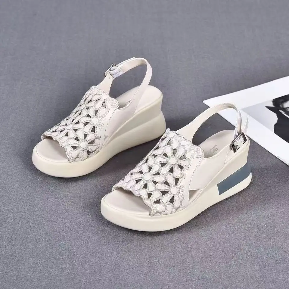 

Women's Summer New Leather Flower Hollow Wedges Peep Toe Sandal Thick Sole Non Slip Breathable Slip On High Heel Modern Sandals