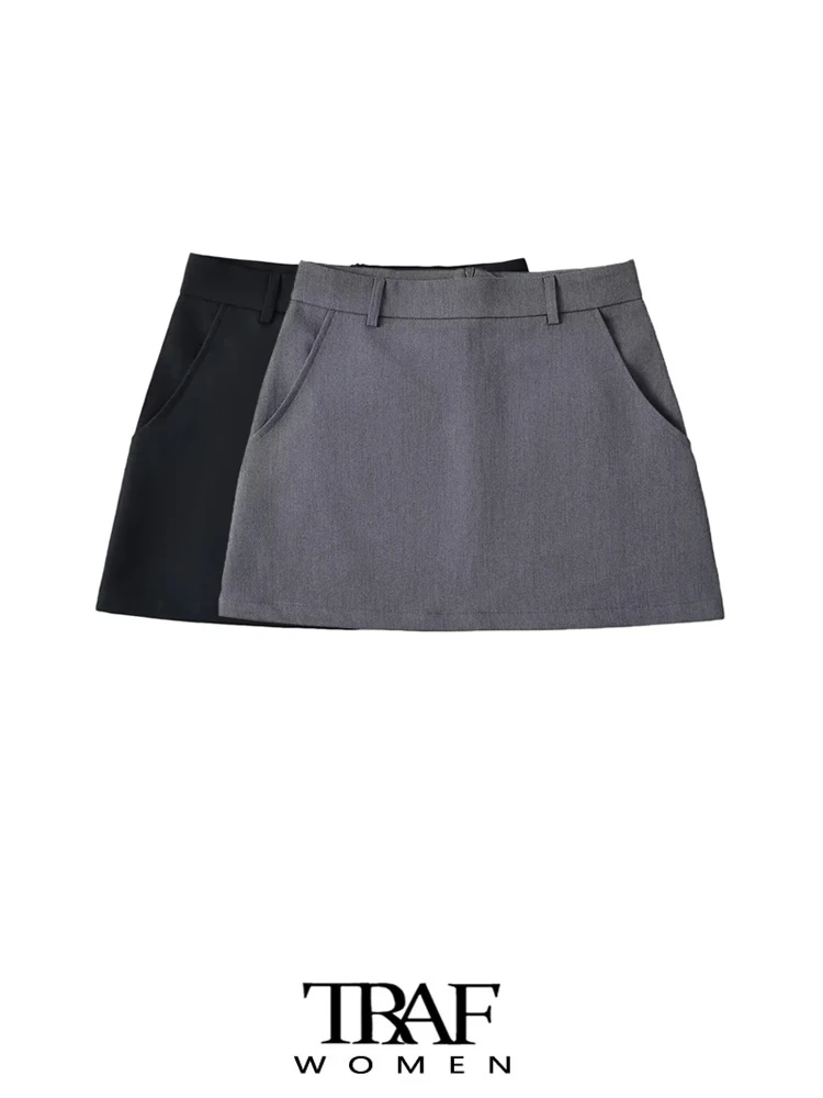 TRAF-Women's Solid Mini Skirt with Pockets, High Waist, Back Zipper, Female Skirts, Chic Fashion