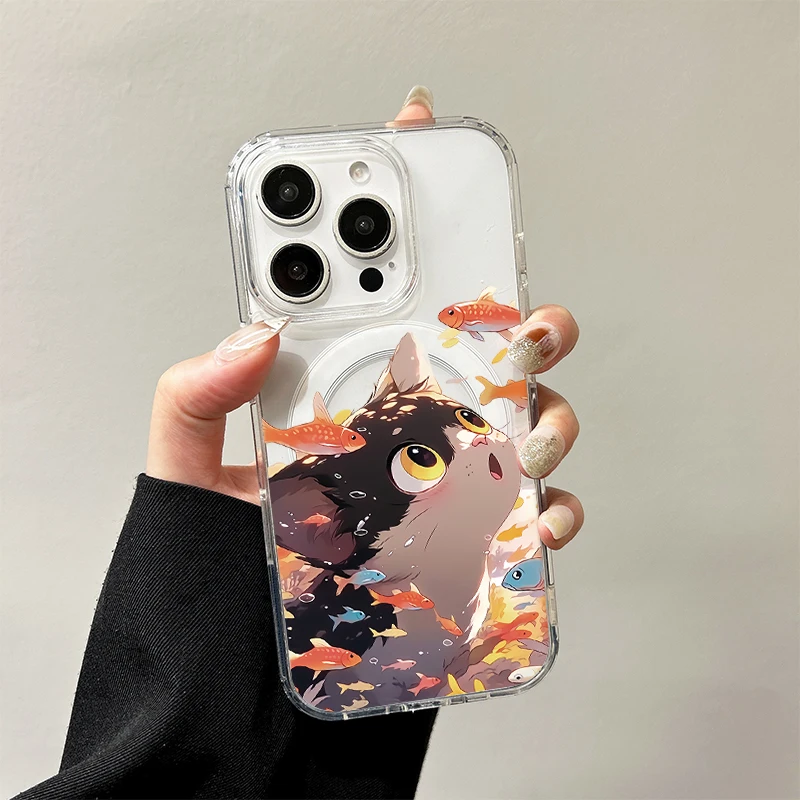 Cat and Koi Fish Magnetic Case for Samsung Galaxy S25 Edge S24 S23 S22 S21 Ultra Plus FE A56 A55 A54 A36 A35 A26 A16 A15 Cover