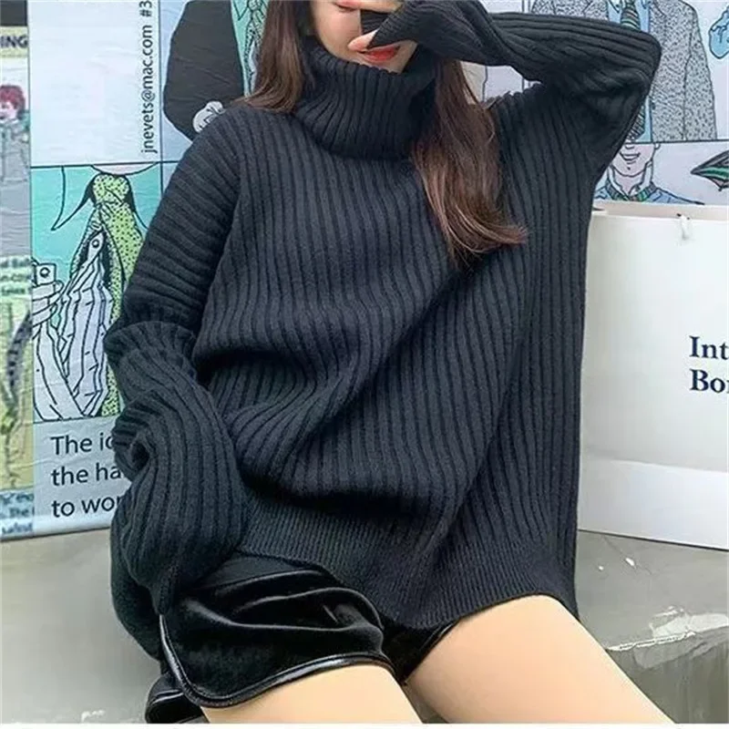 DAYIFUN-Autumn Winter New,Turtleneck Knitted Pullovers,Fashion Versatile,Loose,Mid Length Sweater,Lady,Solid,Long Sleeve Jumpers