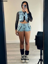 Women's Two 2 Piece Denim Sets Zipper Cropped Denim Vest Stretchy Jean Shorts Set Y2K Going Out Night Club Party Outfits