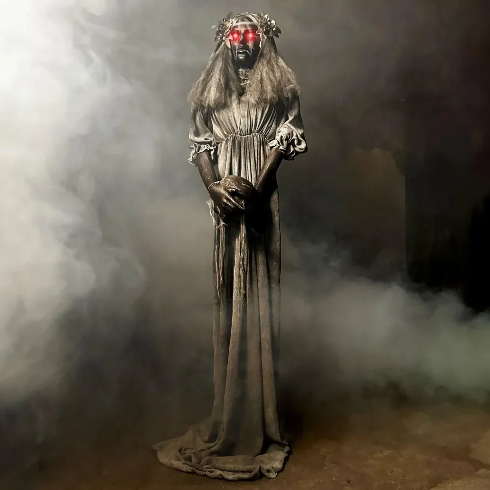 Scary Haunted Lady Statue with Touch Activated Lights and Sound,Battery-Operated Indoor or Covered Outdoor Halloween Decoration