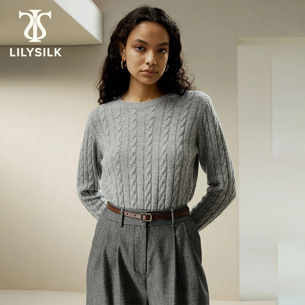 

LILYSILK Wool Cashmere Blend Sweater 2023 New Cable Knit with Ribbed Edges Round Neck Soft Warm Clothing Traf Free Shipping