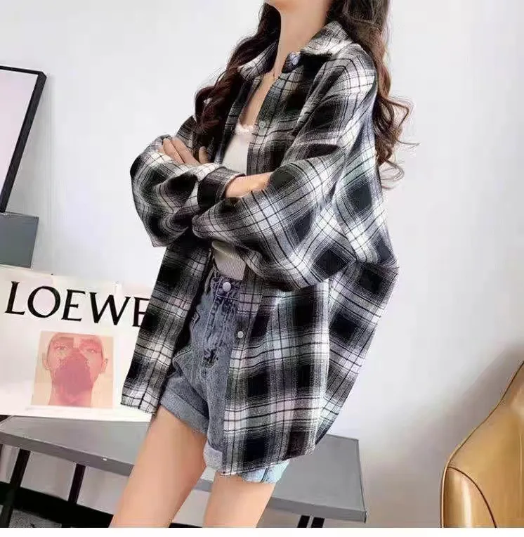 Girl Preppy Style Blouse Woman Long Sleeve Oversize Loose Plaid Shirt Tops Casual