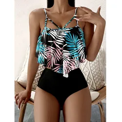 Sexy Bathing Suit For Ladies Conservative Leaf Print Women'S Swimwears High Waisted Swimsuit Summer Suspender Swimwears