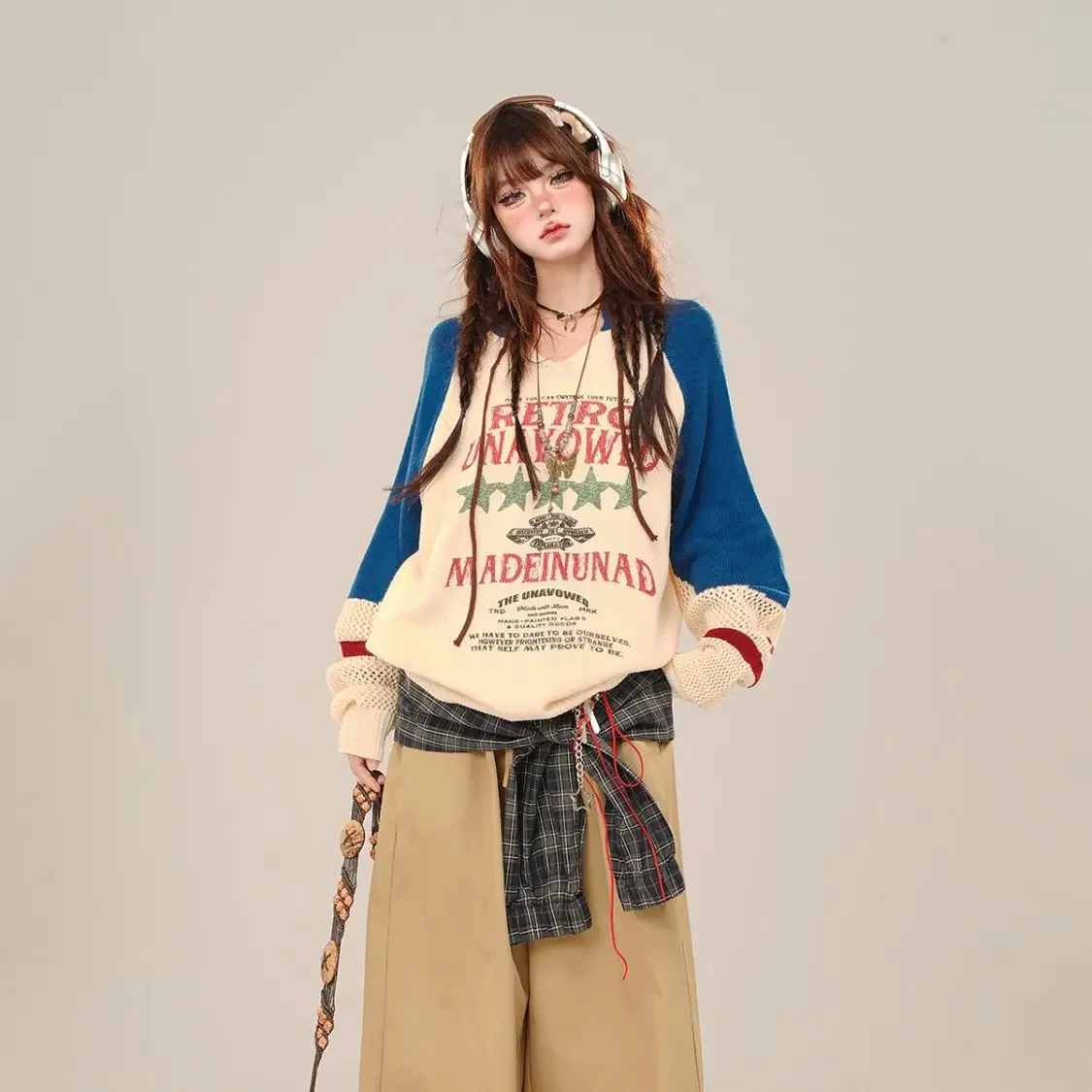 Осенняя мода 2024, тонкий ленивый стиль, сращенные ажурные вязаные пуловеры, женские топы, синий свободный свитер в студенческом стиле для женщин