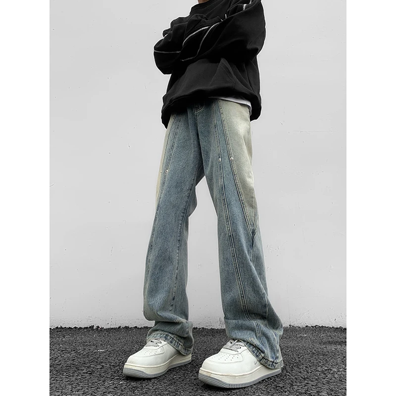 

American Retro Patchwork Men's Jeans Trendy Haome Design Sensation High Waist Zipper Closure Cotton Blend Long Pants