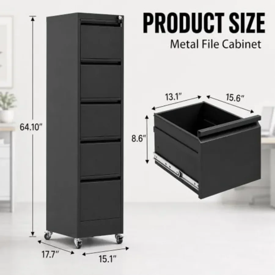5 Drawer File Cabinet with Wheels, Metal Mobile Filing Cabinet with Lock
