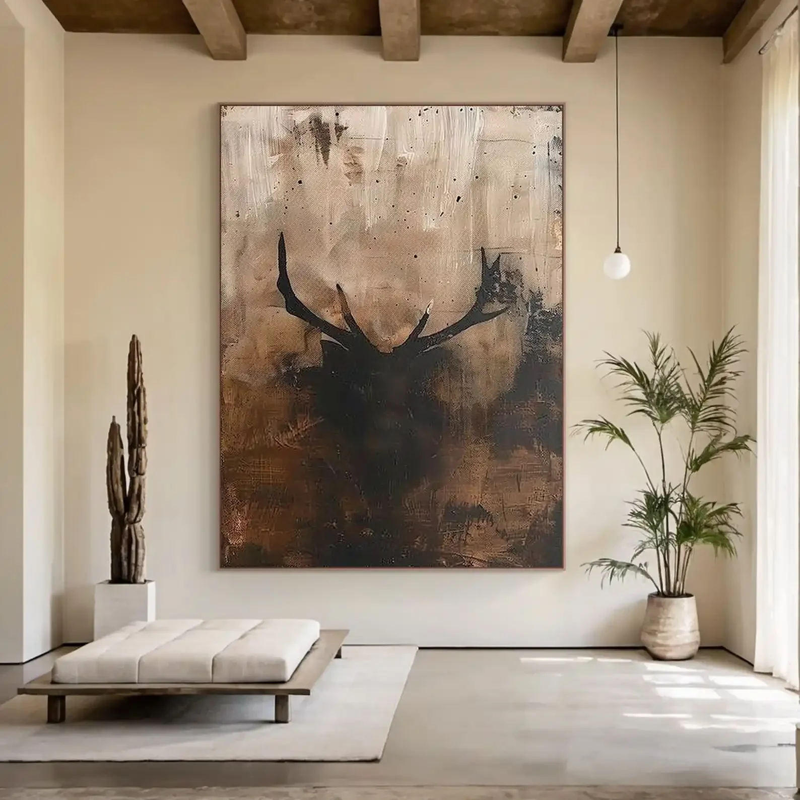Frameless Canvas Painting Mhemyo Large Abstract Hand Painted Deer Oil Painting Modern Brown Black Textured Wall Art Minimalist W