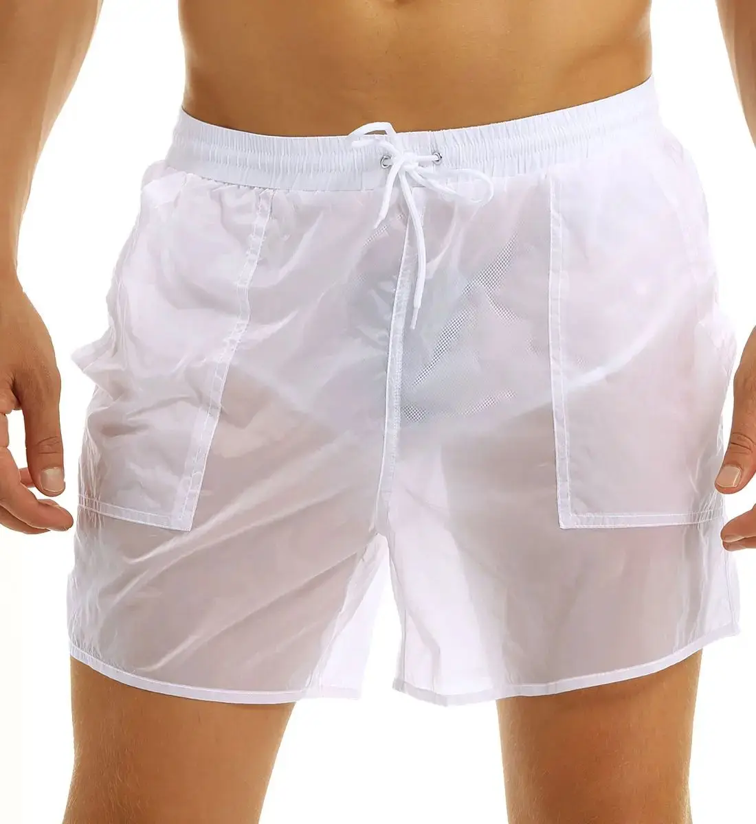 Pantalones cortos transparentes para hombre, bañador Sexy con cordón, cintura elástica, sólido, secado rápido, para playa, bañador, calzoncillos de