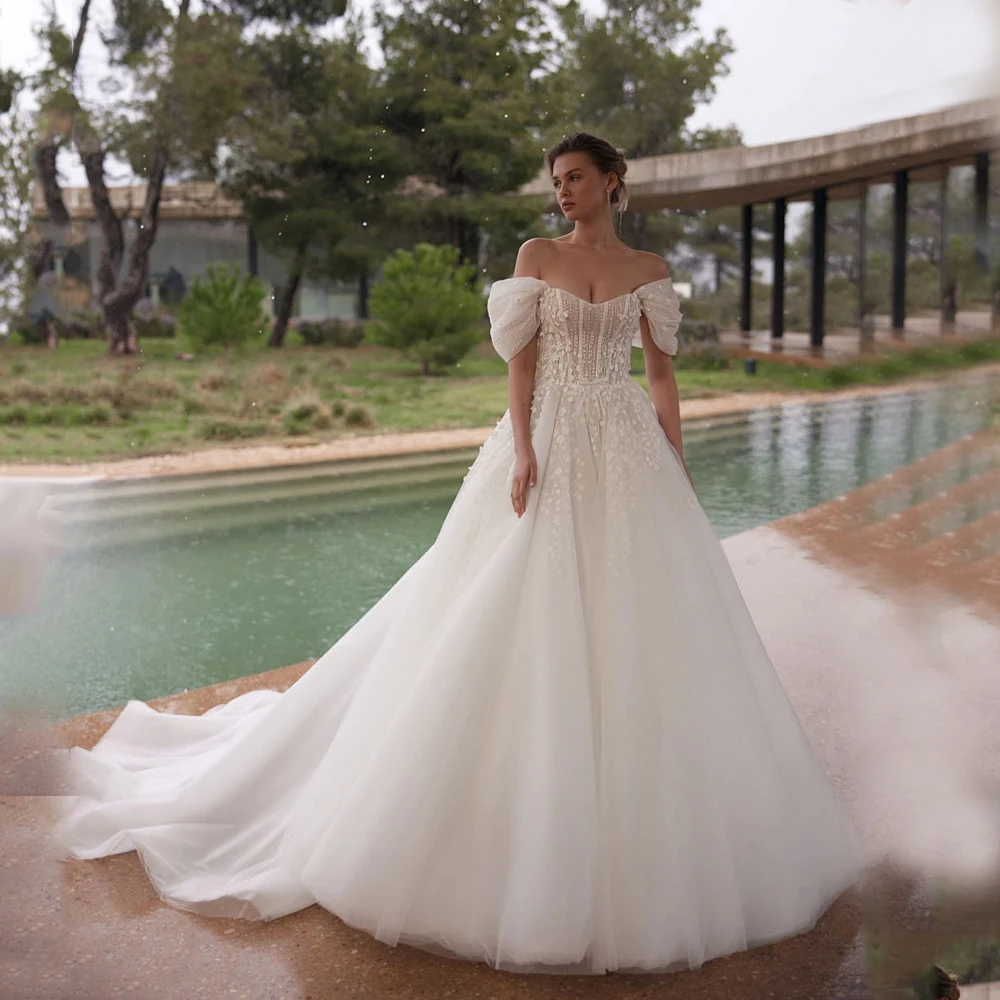 

Customized Strapless Elegant Wedding Dresses For Women 2025 Off Shoulder Applique Lace Backless Boho Tulle Bride Bridal Gowns