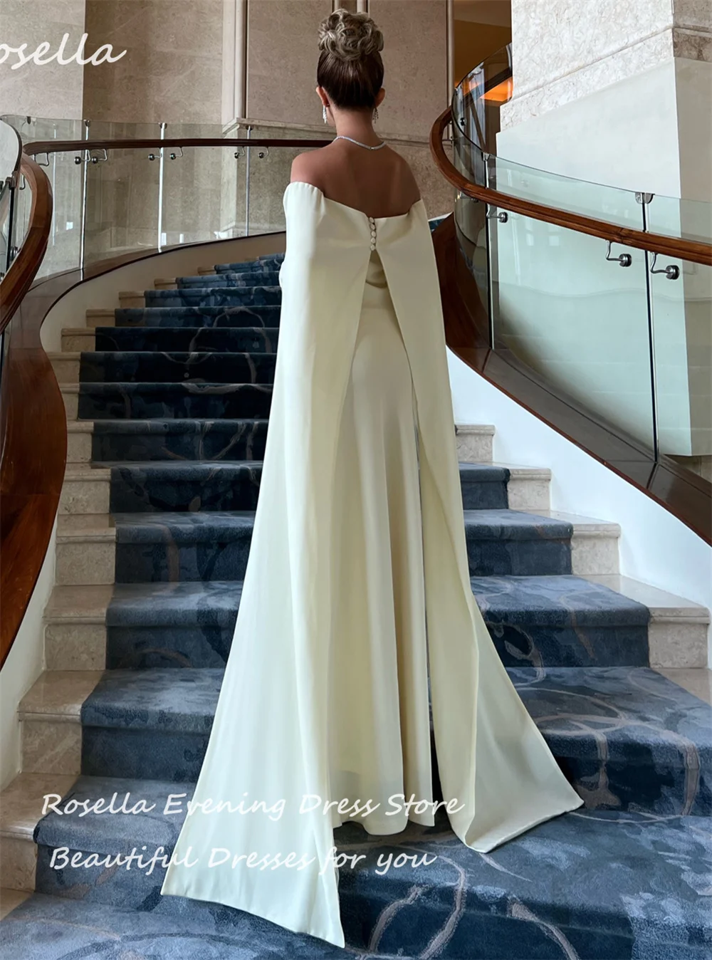 ROSELLA Beige Boat Neck Evening Dresses Smock Floor Length Formal Gown Cape Sleeves Straight Saudi Arabia Prom Dress