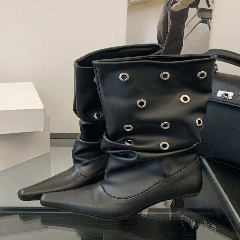 Eilyken Designer Pleated Hollow Out Button Women Ankle Boots Fashion Pointed Toe Thin Low Heels Party Dress Shoes