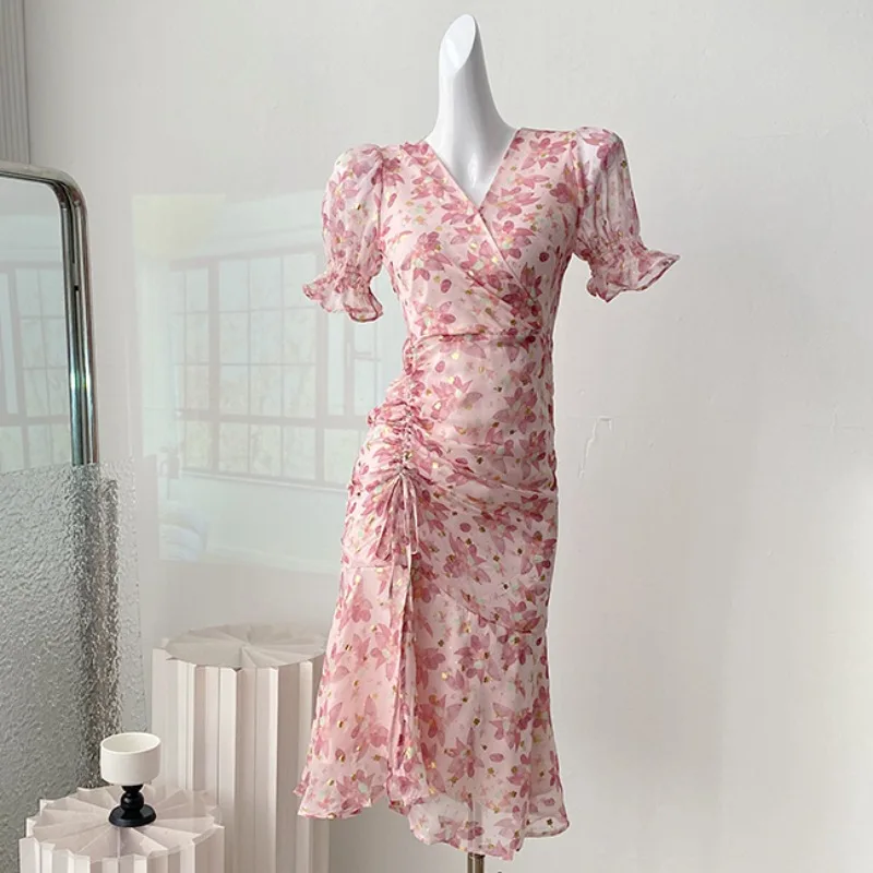 

Vintage Floral Printed Shirring Dress for Women V-neck Puff Sleeve Summer Holiday Bodycon Dress Evening Party Design Vestidos