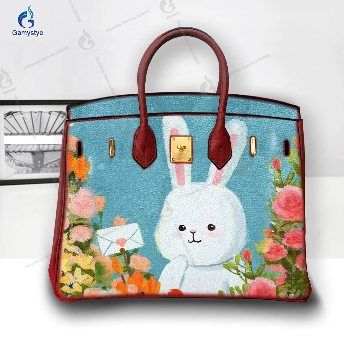 Personalizar bolso Art Hand Painted A letter and a cute rabbit Bags Women Bags Messenger Crossbody Handbags Togo Leather Cowhide