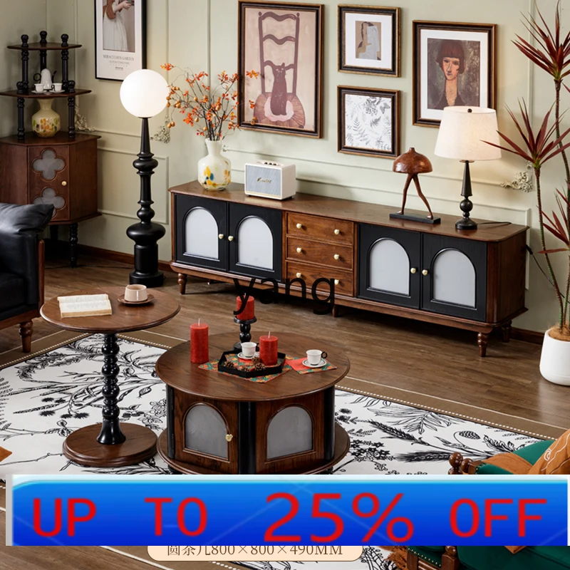 

LH retro pure solid wood TV cabinet, living room black medium and ancient style storage and storage integrated