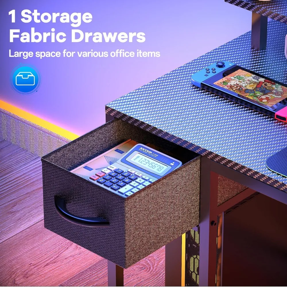 Escritorio para juegos en forma de L con iluminación LED y toma de corriente, escritorio Reversible de 47 pulgadas con soporte para CPU, soporte para Monitor, cajón, hogar